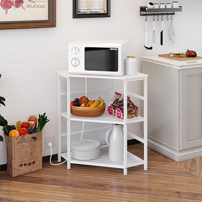 VEDECASA Corner Printer Stand Table with Power Outlet Charging Plugs USB Port Adjustable Storage Shelf Computer Tower CPU Stand Holder for Home Office (White)