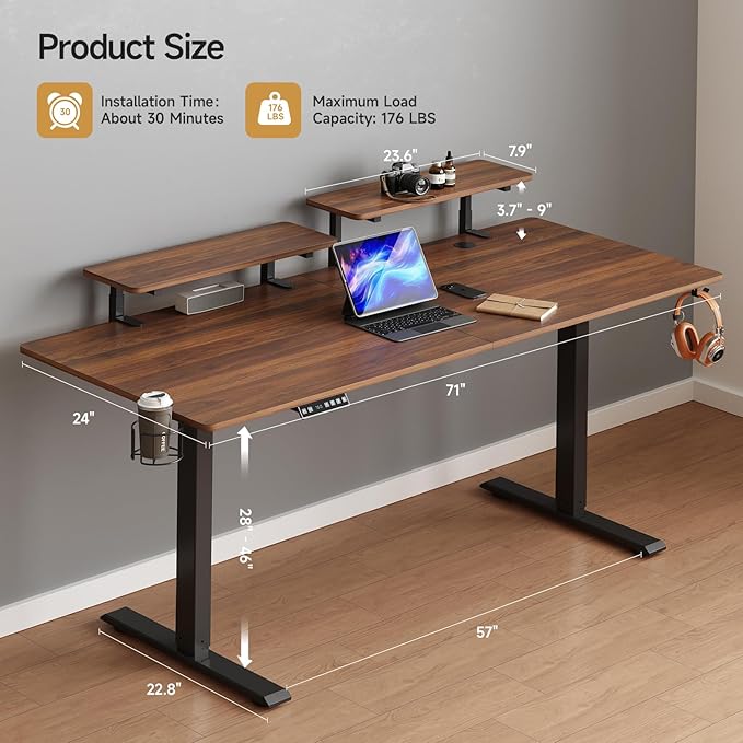 ONBRILL Standing Desk with 2 Adjustable Monitor Shelves, 71 x 24 Inches Electric Stand Up Desk with Memory Controller and Adjustable Height from 28-46 inches for Computer Workstations, Walnut