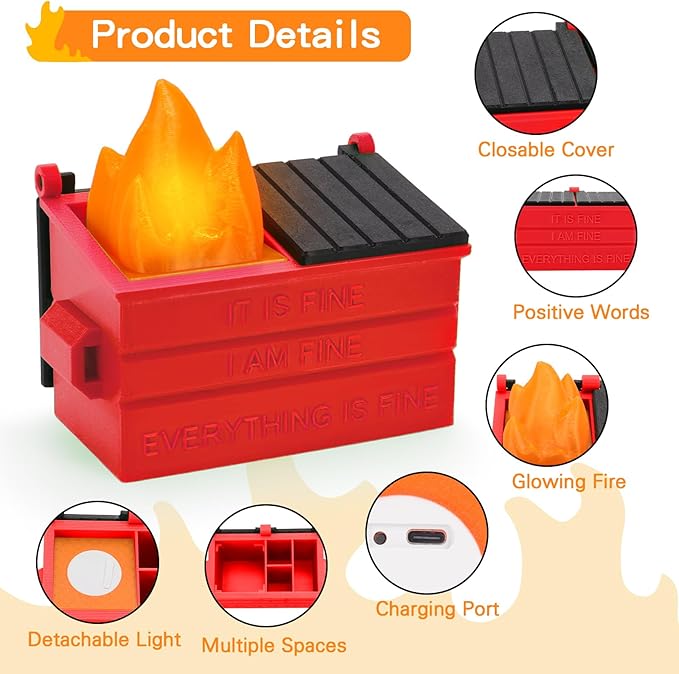 Dumpster Pencil Holder with Flame Light and Charging Port Dumpster Pen Holder Desk Accessories for Office Christmas Decor (Red, 1P)