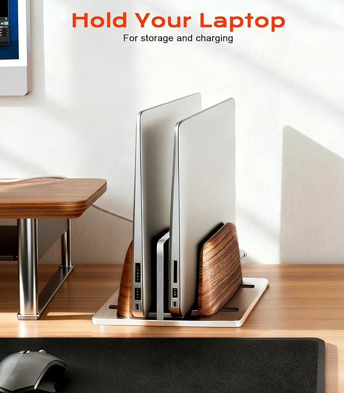 Vertical Laptop Stand, Walnut Dual Laptop Holder with Adjustable Aluminum Alloy Base Laptop Stand Compatible with All MacBok/Surface/Samsung/HP/Dell/Chrome Book (Silver)