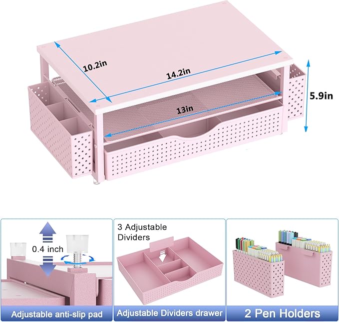 Spacrea Desk Organizer and Accessories, Computer Monitor Stand Riser with Drawer and 2 Pen Holders, Office Desk Accessories & Workspace Organizers for Office Supplies (Pink)