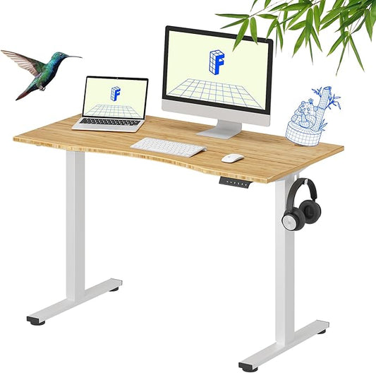 FLEXISPOT EN1 Bamboo Standing Desk, 48 x 24 Inches Whole-Piece Electric Height Adjustable Desk for Home Office (White Frame + Bamboo Curved Desktop, 2 Packages)