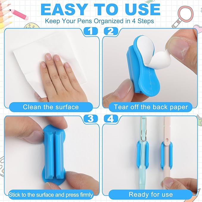 Sherr 12 Pack Adhesive Pencil Holders for Desk Upgraded Pen Holder for Desk Silicone Flexible Adhesive Marker Organizer Clipboard Classroom School Office Accessories Teacher Supplies (Blue)