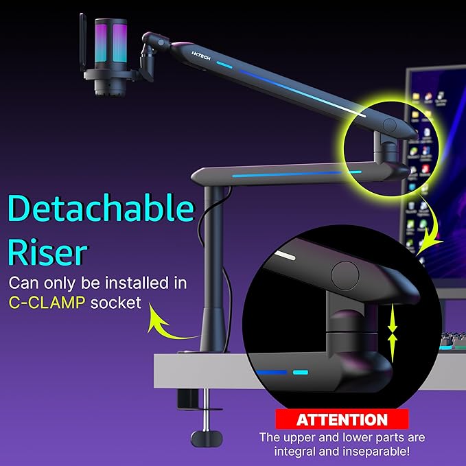 IXTECH RGB Low Profile Boom Arm for Mic, Adjustable Microphone Arm Stand with Desk Mount Clamp, Rotatable Microphone Boom Arm Mic Stand with Cable Management for Podcast Streaming Gaming Studio.