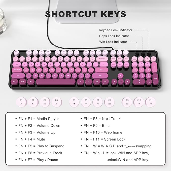 MOFII Computer Keyboards Wired, Plug Play USB Full Size Typewriter Keyboard, Cute Colorful Aesthetic Keyboard with Foldable Stands for Windows PC Laptop (Black Pink Gradient)