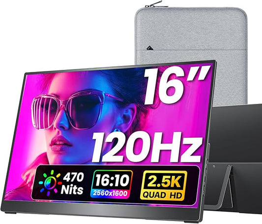 Portable Monitor 16 inch 2.5K QHD 100% sRGB 120Hz, Travel Monitor for Laptop MacBook Surface PC Xbox PS5, HDMI Dual USB-C VESA Compatible Built-in Speaker, with Kickstand