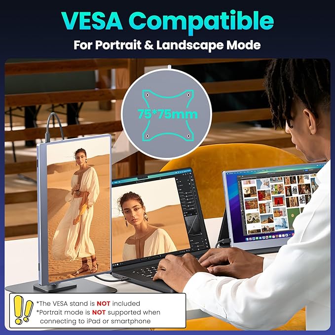 Portable Monitor 15.6" FHD 85% sRGB 60Hz IPS HDR HDMI USB-C Travel Monitor for Laptop MacBook PC Surface PS5 Xbox, External Display with Cover & Speakers, VESA Compatible