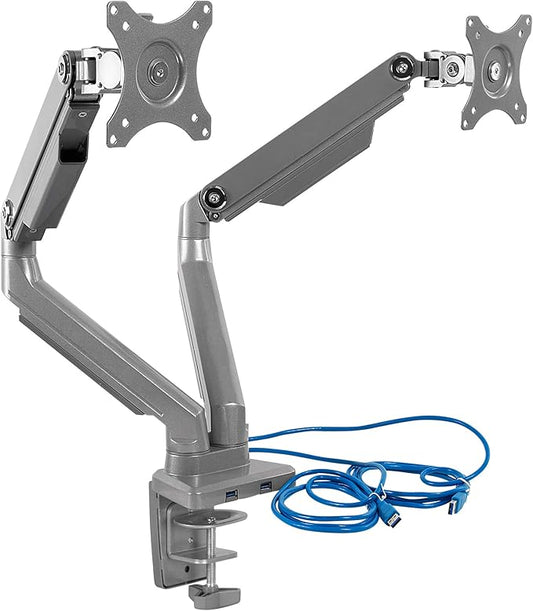 Mount-It! Dual Monitor Arm Mount Desk Stand | 2 x 3.0 USB Ports | Articulating Mechanical Spring Height Adjustable | Fits Two 24 27 29 30 32 Inch VESA 75 100 Compatible Screens | C-Clamp and Grommet