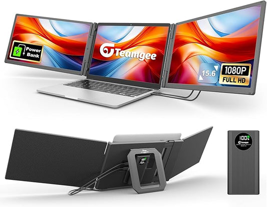 Teamgee 15.6” Laptop Screen Extender with Power Bank, FHD 1080P IPS Triple Monitor, HDMI/USB/Hub Plug-Play Display, Fits 13-17" Laptops (Mac/Windows/Android), Ideal for Home Office/Small Business