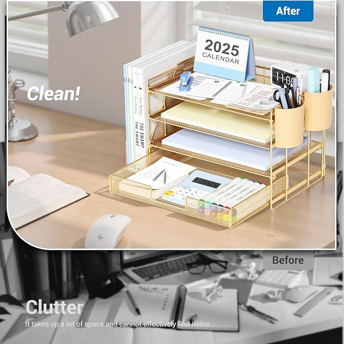 OPNICE Desk Organizer, 4-Tier Desktop File Organizer with Drawer and 2 Pen Holders, Office Desk Accessories, File Sorters, Workspace Organizers for Office Supplies(Gold)