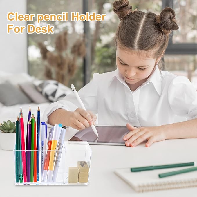 5 Pack Acrylic Pen Pencil Holder - 3 Compartment Clear Pencil Pen Organizer for Office Home Supplies Desk Accessories