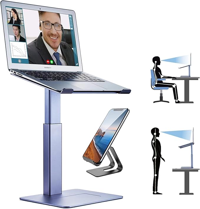 Adjustable Laptop Stand for Desk, DJ Laptop Stand Adjustable Height, Laptop Raised Stand for Standing & Sitting Mode, Tall, Strong and Airflow Even Laptop Riser for 17 inch（Gray）
