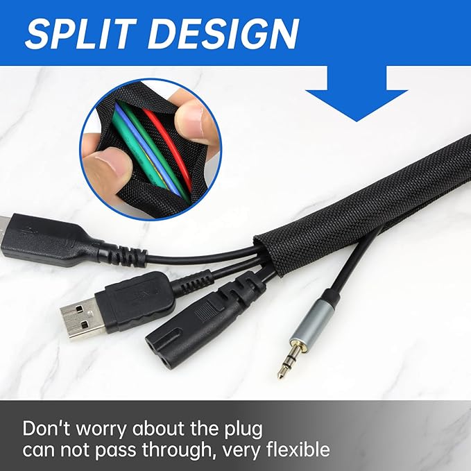 Split Braided Cable Sleeve，Flexible Wire Loom Tubing, Automotive Cord Protector Pet Proof, Cable Management for Computer TV Electric Wires Harness 16ft (Black, 19mm（3/4")