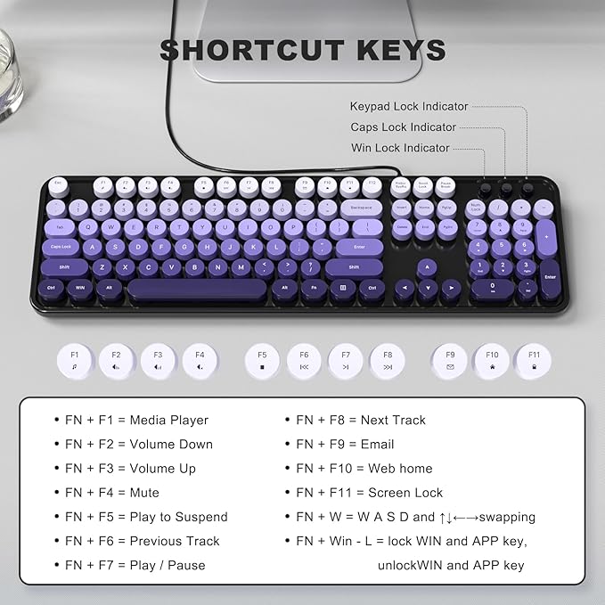 MOFII Computer Keyboards Wired, Plug Play USB Full Size Typewriter Keyboard, Cute Colorful Aesthetic Keyboard with Foldable Stands for Windows PC Laptop (Black Purple)
