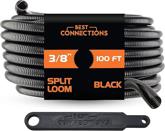 BEST CONNECTIONS 3/8" x 100 ft Split Wire Loom Flex-Guard Convoluted Tubing with Installation Tool - Protective Cable Sleeves for Automotive Home Electrical Wires Chemical Resistant Conduit Black