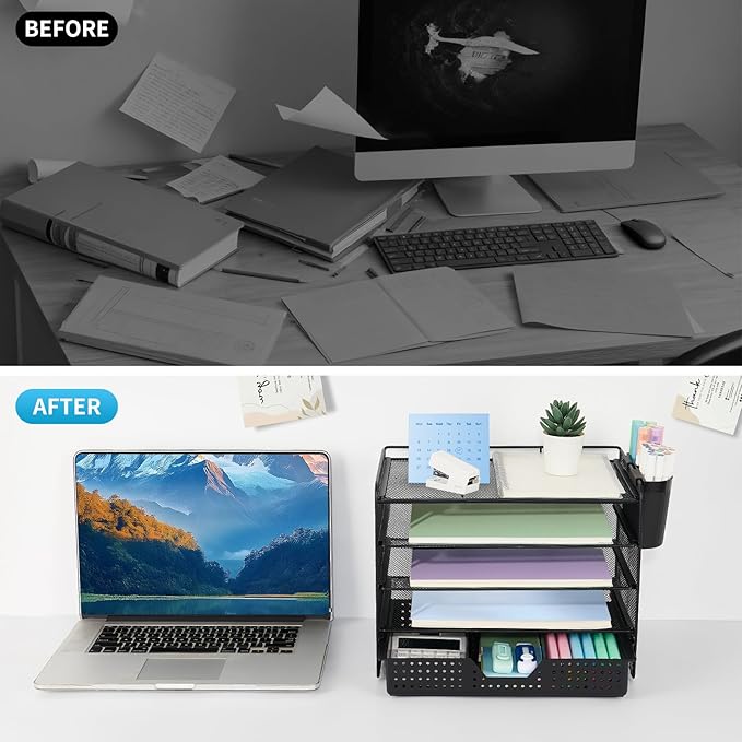 Desk Organizer and Accessories, 5-Tier Paper Letter Tray Organizer with Drawer & 2 Pen Holders for Desktop File Organization, Office Desk Accessories for Supplies Storage (Black)