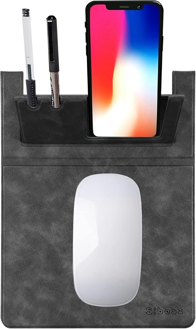 Premium PU Leather 3-in-1 Mouse Pad with Phone Stand and Pen Holders, 9.7x7.7 inches Organizer Desk Mat for Reception counters and Home Office (Black 1Pack)