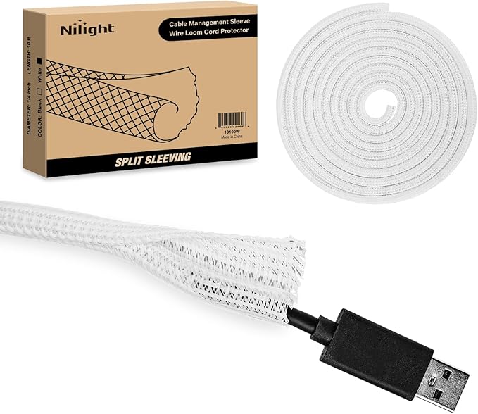 Nilight Cable Sleeve,10ft-1/4inch Cord Management Sleeves, Braided Sleeving, Split Self Wrapping Wire Loom for Computer Electrical Automotive Harness Protector Organizer, White