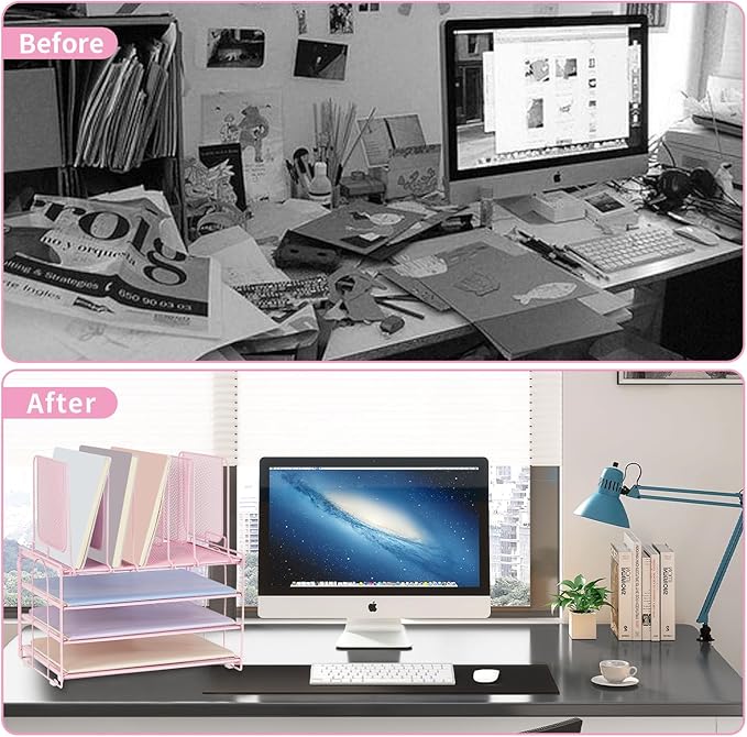 Desk Organizers and Accessories, 3-Tier Paper Organizer with 5 Vertical File Holders, File Organizer for Desk (Pink, 3T)