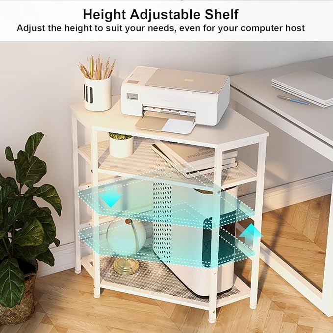 VEDECASA Corner Printer Stand Table with Power Outlet Charging Plugs USB Port Adjustable Storage Shelf Computer Tower CPU Stand Holder for Home Office (White)