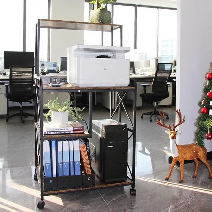 Printer Stand, Large Printer Stand with Storage, 23 x 18 Inch Printer Table for Home Office, 4 Tier Home Printer Cart with Wheels & Socket, Computer Tower Stand, Vintage Brown