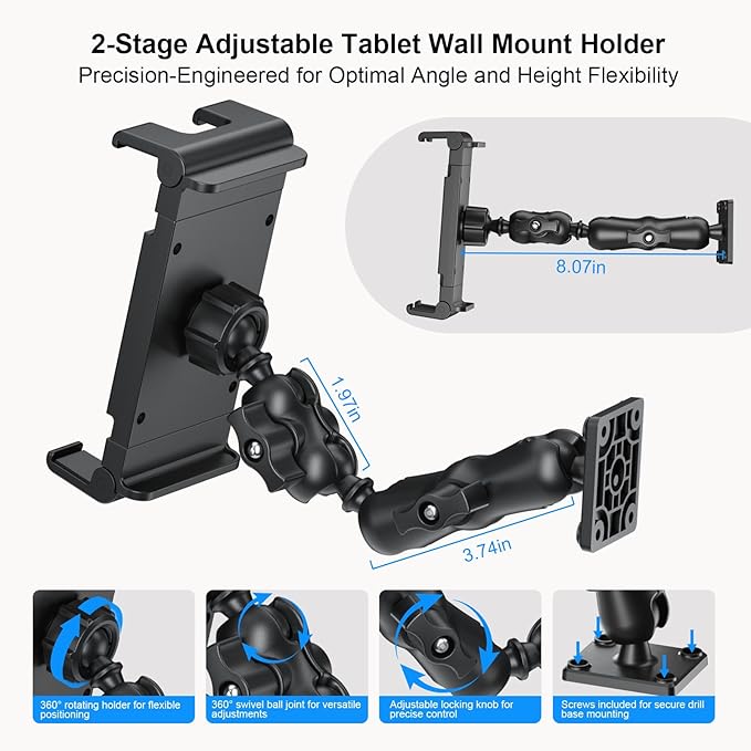 PLDHPRO Tablet Mount for Truck, Heavy Duty Drill Base Tablet Holder for Car Dashboard, Adjustable 2-Stage Stand Compatible with iPad, Galaxy Tab/Z Fold, 5.1-15.6'' Phone Tab for Wall, Vehicle, Boat