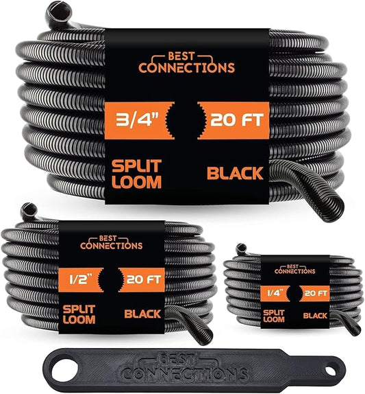 BEST CONNECTIONS 3-Pack 1/4", 1/2", 3/4" x 20 ft Each Assorted Split Wire Loom Convoluted Tubing with Installation Tool – Protective Split Cable Sleeves/Conduit for Automotive Home Electrical – Black