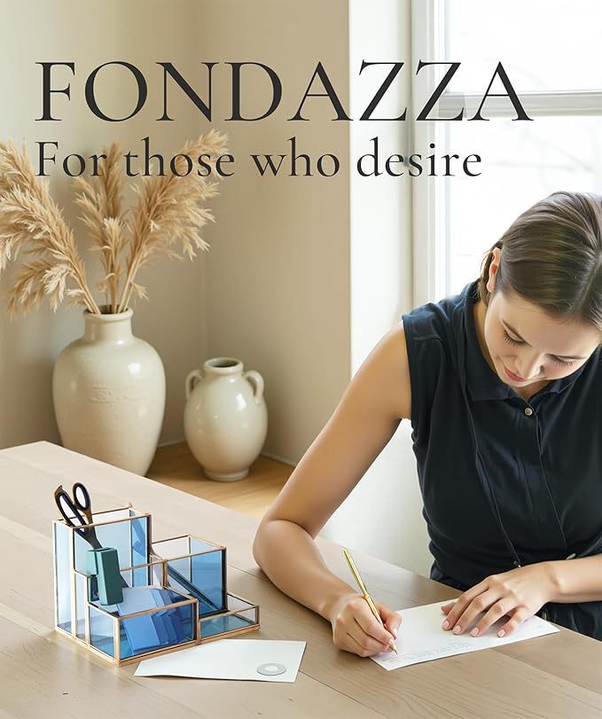 FONDAZZA 5-Compartment Desk Organizer for Home Office Supplies, Gold Brass with Blue Glass, Workspace Storage for Stationery, Cosmetic, Makeup Tools and Brush.