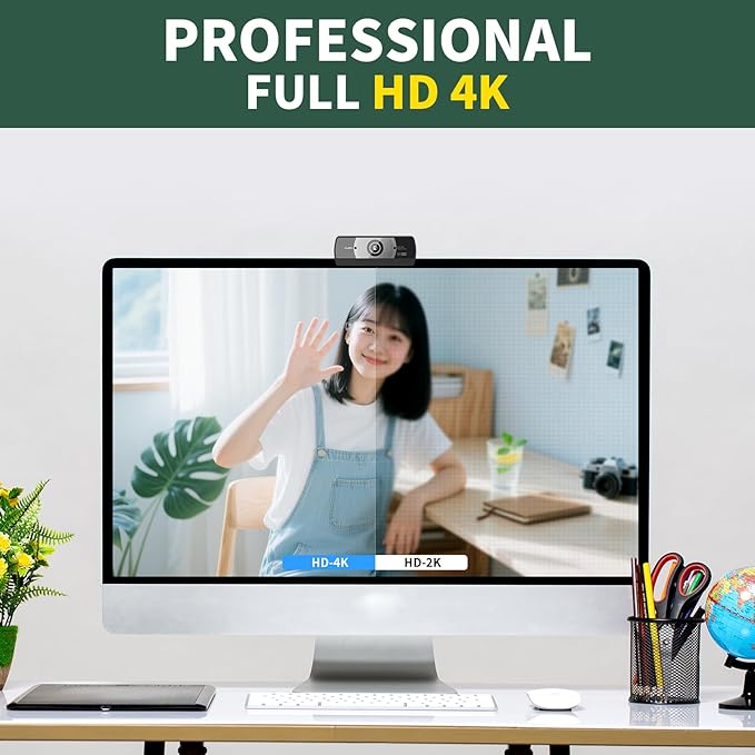 4K Webcam for PC, Full HD Video Calling, HD Light Correction, Works with Skype, Zoom, FaceTime, Hangouts, PC/Mac/Laptop/MacBook/Tablet