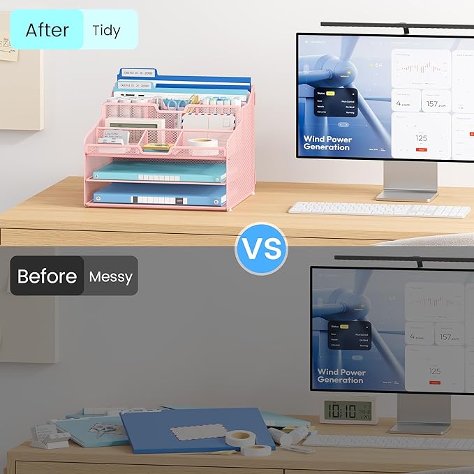 Lavatino Desk Paper File Organizer - Metal Mesh with 2 Letter Trays, 7 Flexible Dividers, 2 Vertical File Folder Holders for Office/Home/Classroom Supplies, Desk Organizers and Accessories, Pink