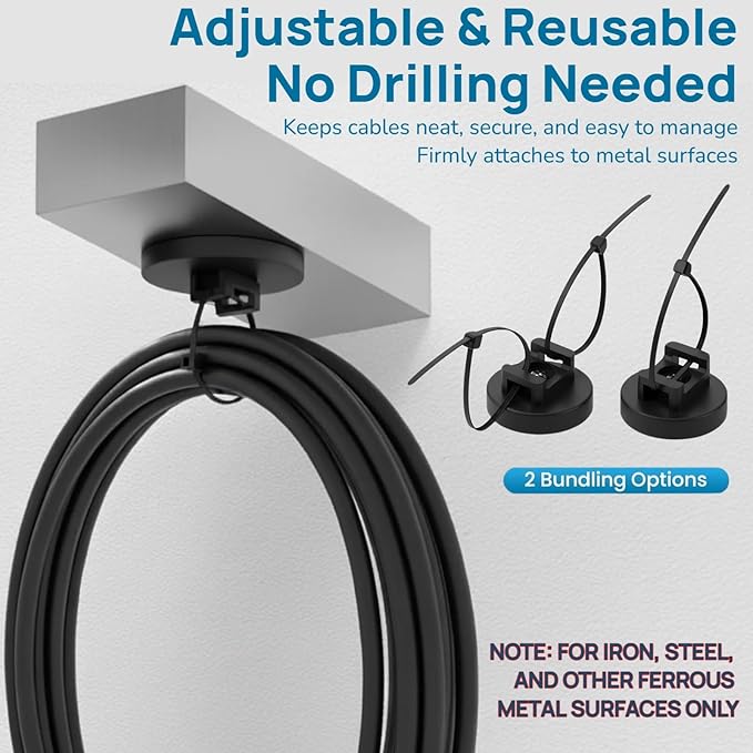 Magnetic Cable Ties Set, 25 Magnetic Zip Tie Mounts with 200 Cable Ties, Strong Wire Holder Cables Management, Multipurpose Electrical Cord Holders Organizer (31mm)