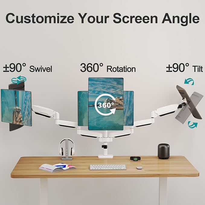 MOUNT PRO Triple Monitor Mount, 3 Monitor Desk Mount for Three Screens up to 32 Inch, Full Motion Gas Spring Heavy Duty Arm Hold up to 19.8lbs Each, White
