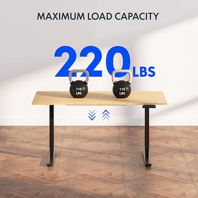 FlexiSpot E6 Bamboo 3-Stage Dual Motor 60 x 30 Electric Standing Desk Sit Stand Up Desk, Holds 220 lbs, Adjustable Height w/ Memory Presets, Solid Bamboo Desktop & Black Frame, Ships in 2 Boxes