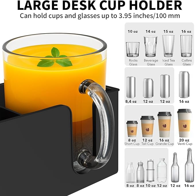 OOKUU 3-in-1 Desk Organizer - Large Desk Cup Holder Clamp, Pencil Holder and Phone Stand - Detachable Anti-Spill Table Cup Holder, Office & PC Gaming Desk Accessories for Cup, Phone and Pen (Black)