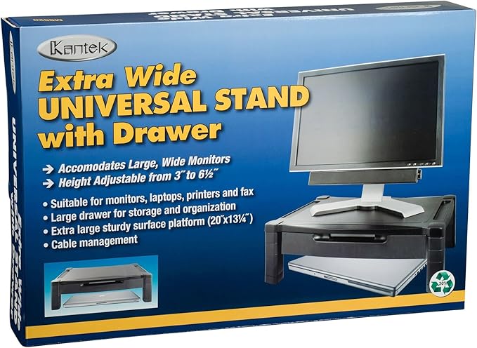 Kantek Wide Deluxe Two-Level Monitor Stand With Drawer, 20" X 13.25" X 3" To 6.5", Black, Supports 50 Lbs