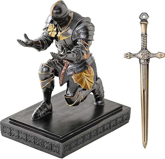 Medieval Armored Warrior Knight Pen Holder Desk Organizers and Accessories Resin Pencil Holder Paperweight as Gift with a Cool Letter Opener for Desk (Iron)