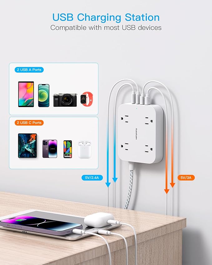 1 Ft Flat Plug Extension Cord, HANYCONY Power Strip with 4 USB Ports(2 USB C), 4 Widely Outlets Extender, Wall Mount, Desk Charging Station for Office, Travel and Cruise Ship Essentials