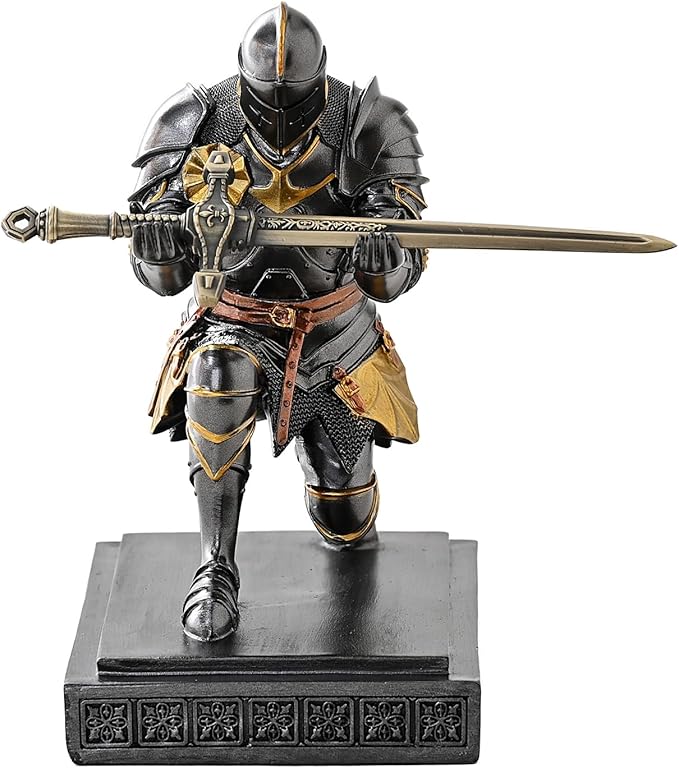 Medieval Armored Warrior Knight Pen Holder Desk Organizers and Accessories Resin Pencil Holder Paperweight as Gift with a Cool Letter Opener for Desk (Iron)