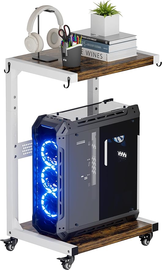 Computer Tower Stand, 2-Tier Metal CPU Holder Stand with Lockable Wheels, Adjustable Under Desk PC Shelf, Mobile Rolling Computer Cart for Home, Office, Gamers and Students, White