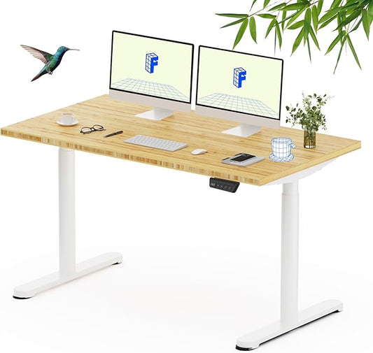 FLEXISPOT Bamboo Electric Standing Desk with Elegant Oval Legs, 55"x28" Height Adjustable Desk for Home Office & Living Spaces, White Frame