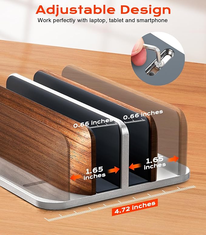 Vertical Laptop Stand, Walnut Dual Laptop Holder with Adjustable Aluminum Alloy Base Laptop Stand Compatible with All MacBok/Surface/Samsung/HP/Dell/Chrome Book (Silver)