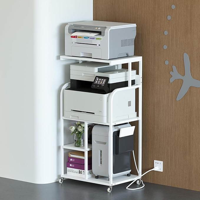 VEDECASA Mobile High Printer Stand with Power Outlet Charging Plugs USB Port Office Storage Shelf Includes Computer Tower CPU Stand Holder with Wheel (White)