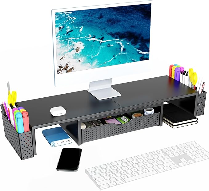 Spacrea Metal Desk Organizers and Accessories, Dual Monitor Stand Riser with Drawer and 2 Pen Holders, Desk Accessories & Workspace Desktop Organizers for Office Supplies (Black)