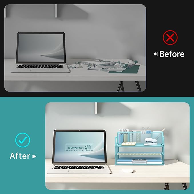 SUPEASY 3 Tier Desk Organizer with Handle & 3 Pen Holders, Mesh Paper/File Organizer for Desk, Paper Letter Tray Organizer for Office Supplies (Light Blue)