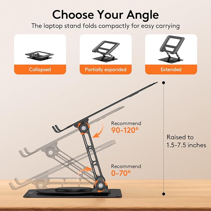 TECKNET Laptop Stand for Desk, 360 Rotating Base, Ergonomic Foldable Computer Stand for Laptop Riser Height Adjustable, Compatible with MacBook Pro, All Laptops 10-17" - Black