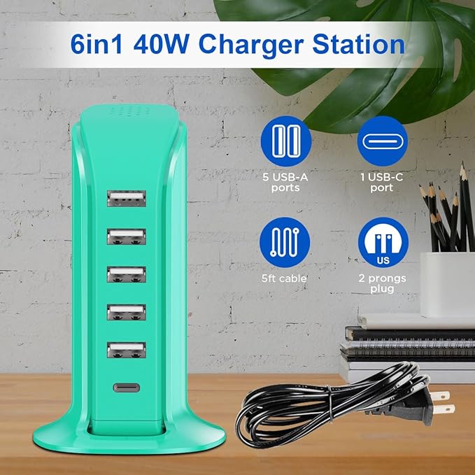 USB Tower Charging Station Upoy, Multiport Chargers for Multiple Devices 40W, Small Charging Hub for Desk, Office, Travel, USB Power Block Adapter for iPhone/Ipad