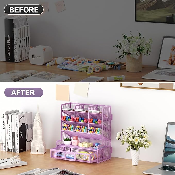 Marbrasse Larger Mesh Desk Organizer with Drawer, Multi-Functional Pen Pencil Holder, Easy Assembly, Desk Organizers and Accessories for Office Art Supplies (Purple)