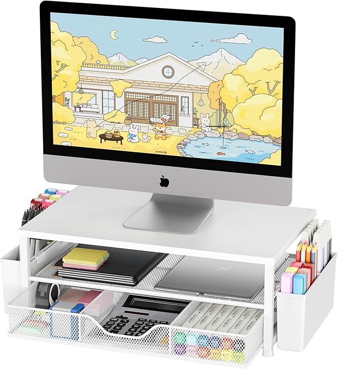 OPNICE Desk Organizers and Accessories, 2-Tier Computer Monitor Stand Riser with Drawer and 2 Pen Holders, Laptop Stand, Office Desk Accessories for Office Supplies, White Wood