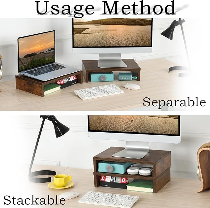 TEAMIX Monitor Riser - 2 Pack, Rustic Brown Wood Adjustable Stand for 2 Monitors/Laptop/PC