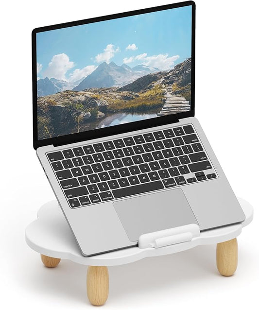 Adjustable Wood Laptop Stand, Ergonomic Height Angles Computer Stand, Cloud-Shaped Holder Riser Notebook Stand for Desk Compatible with Air, Pro, Dell, HP, Lenovo More 10-17.3" Laptops, White